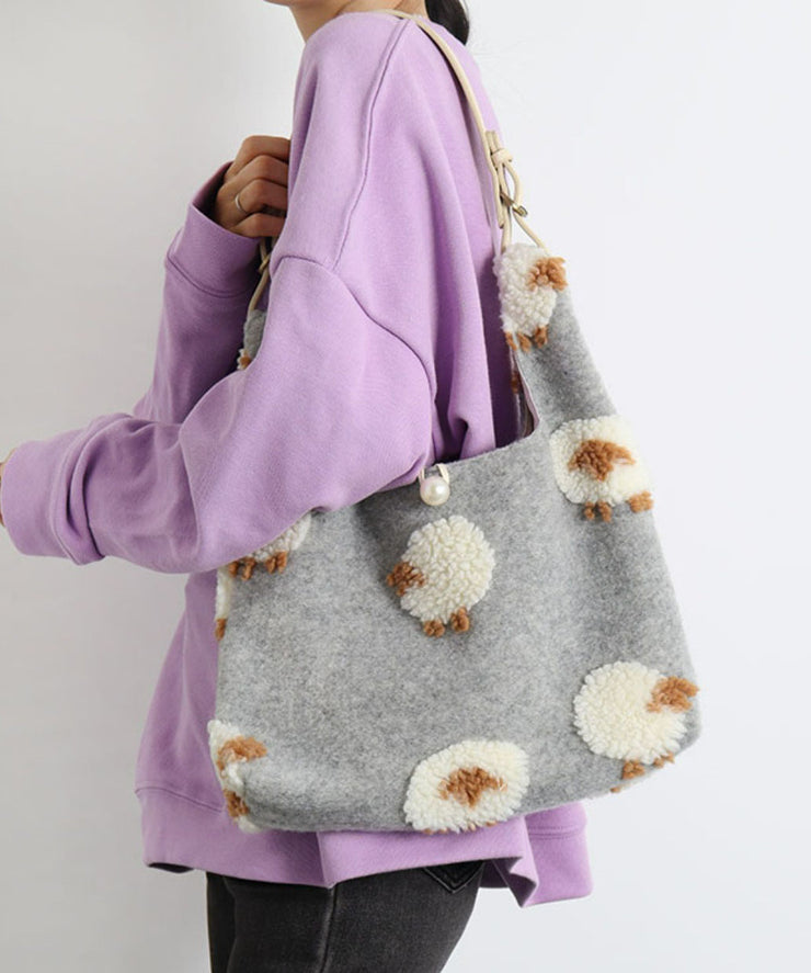 Fine Grey Sheep Jacquard Fuzzy Fur Fluffy Shoulder Bags
