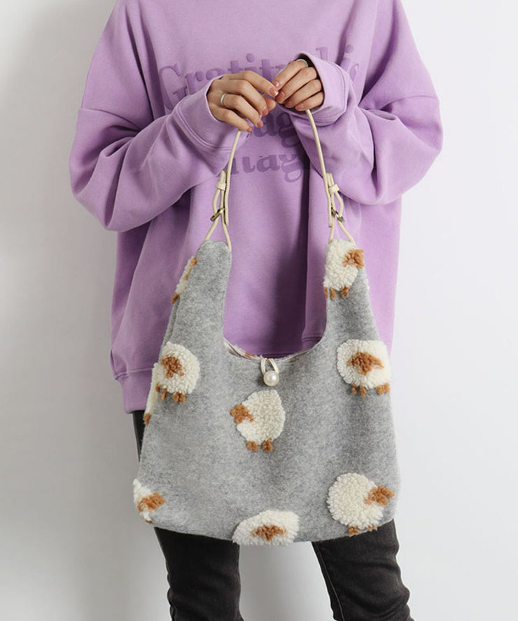Fine Grey Sheep Jacquard Fuzzy Fur Fluffy Shoulder Bags