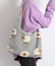 Fine Grey Sheep Jacquard Fuzzy Fur Fluffy Shoulder Bags