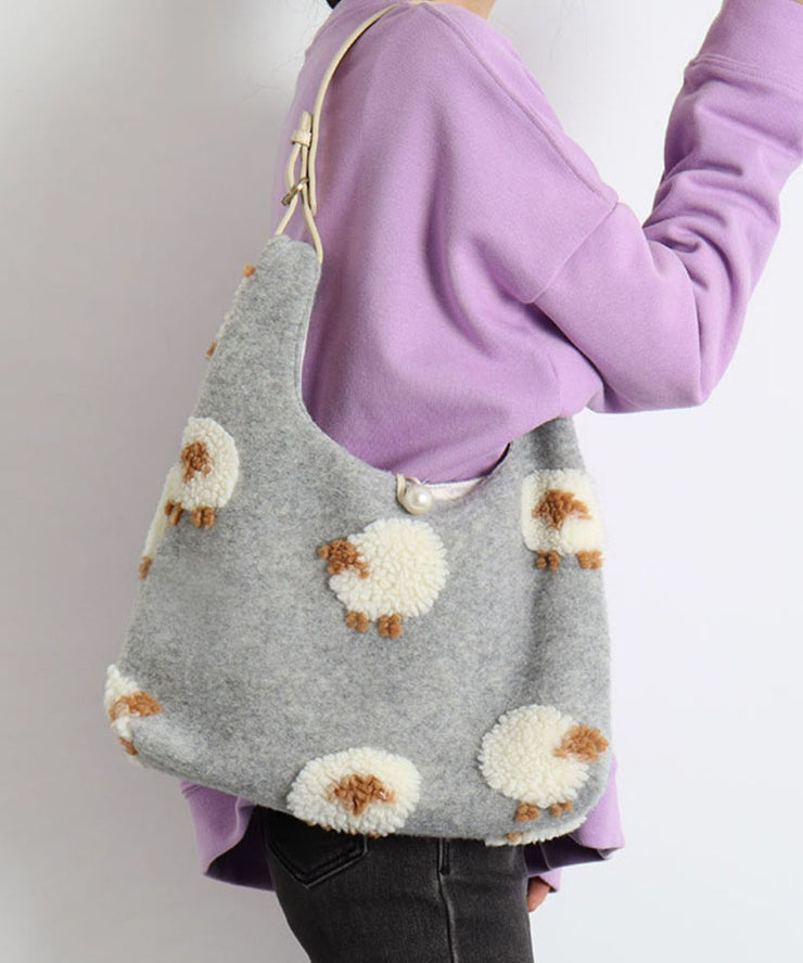 Fine Grey Sheep Jacquard Fuzzy Fur Fluffy Shoulder Bags