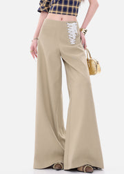 Fine Khaki Lace Up High Waist Spandex Wide Leg Pants Fall