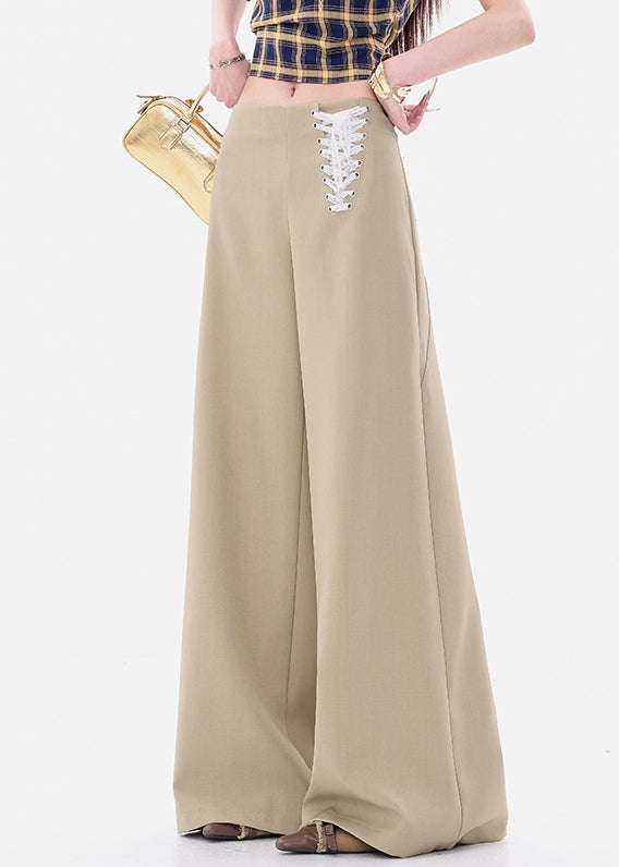Fine Khaki Lace Up High Waist Spandex Wide Leg Pants Fall
