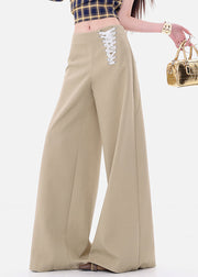 Fine Khaki Lace Up High Waist Spandex Wide Leg Pants Fall