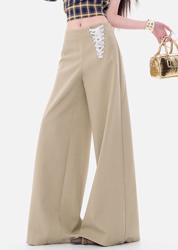 Fine Khaki Lace Up High Waist Spandex Wide Leg Pants Fall