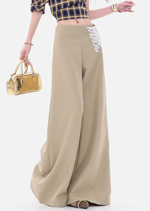 Fine Khaki Lace Up High Waist Spandex Wide Leg Pants Fall