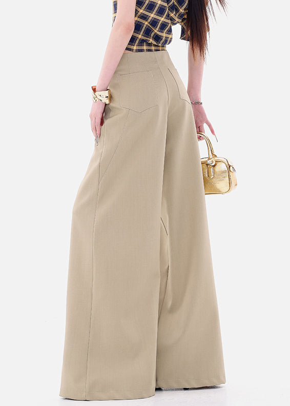 Fine Khaki Lace Up High Waist Spandex Wide Leg Pants Fall