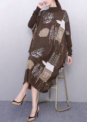 Fine Khaki Oversized Print Knit Sweater Dress Winter