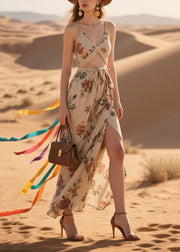 Fine Khaki Print Hollow Out Side Open Cotton Vacation Dress Summer