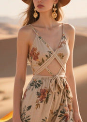 Fine Khaki Print Hollow Out Side Open Cotton Vacation Dress Summer