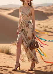 Fine Khaki Print Hollow Out Side Open Cotton Vacation Dress Summer