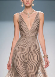 Fine Khaki Striped Exra Large Hem Chiffon Dinner Dress Summer