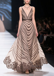Fine Khaki Striped Exra Large Hem Chiffon Party Dress Summer