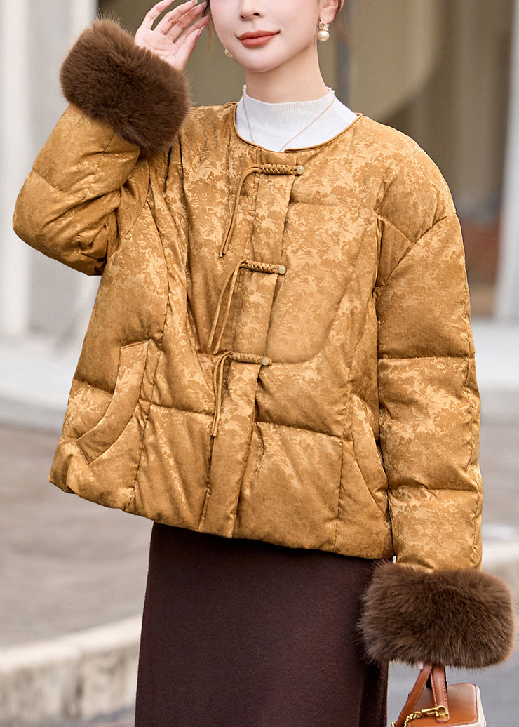 Fine Khaki Tasseled Jacquard Duck Down Puffers Jackets Winter