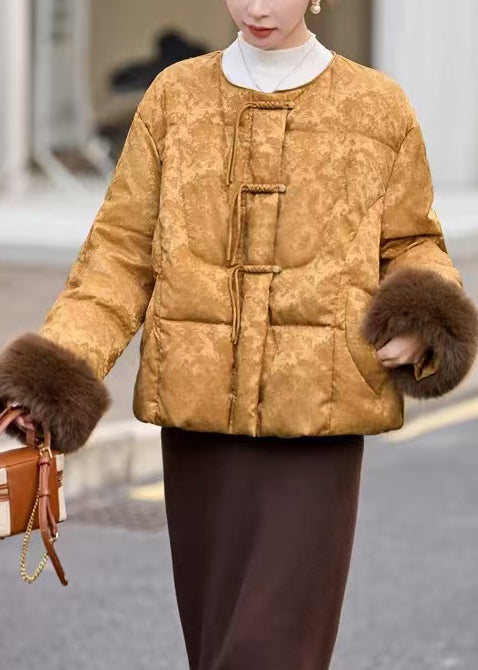 Fine Khaki Tasseled Jacquard Duck Down Puffers Jackets Winter