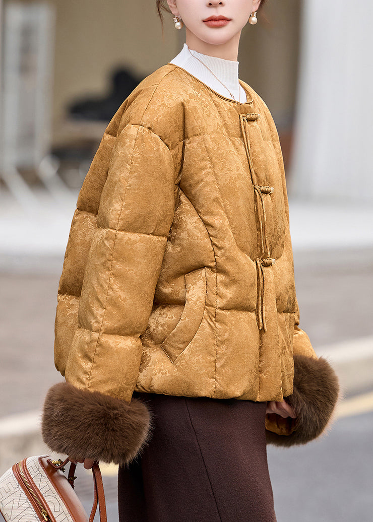 Fine Khaki Tasseled Jacquard Duck Down Puffers Jackets Winter