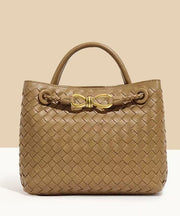 Fine Khaki Weave Design Solid Durable Leather Tote Handbag
