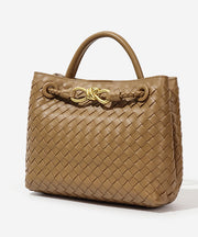 Fine Khaki Weave Design Solid Durable Leather Tote Handbag