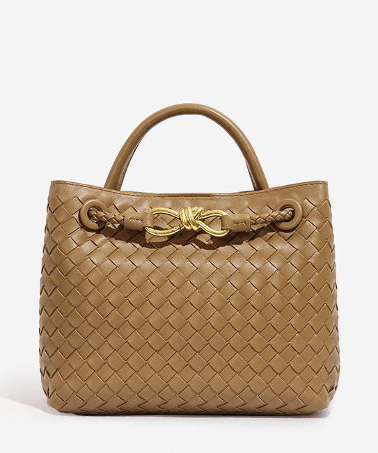 Fine Khaki Weave Design Solid Durable Leather Tote Handbag