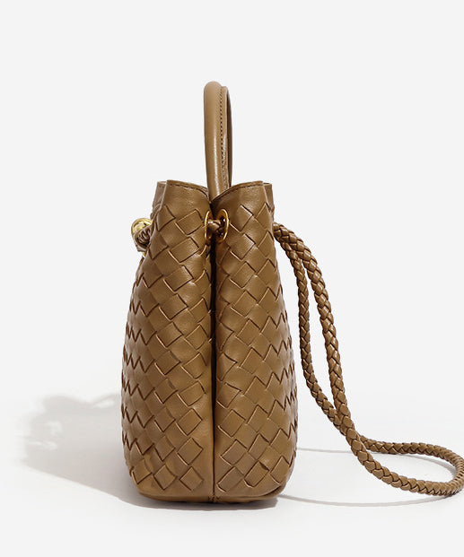 Fine Khaki Weave Design Solid Durable Leather Tote Handbag