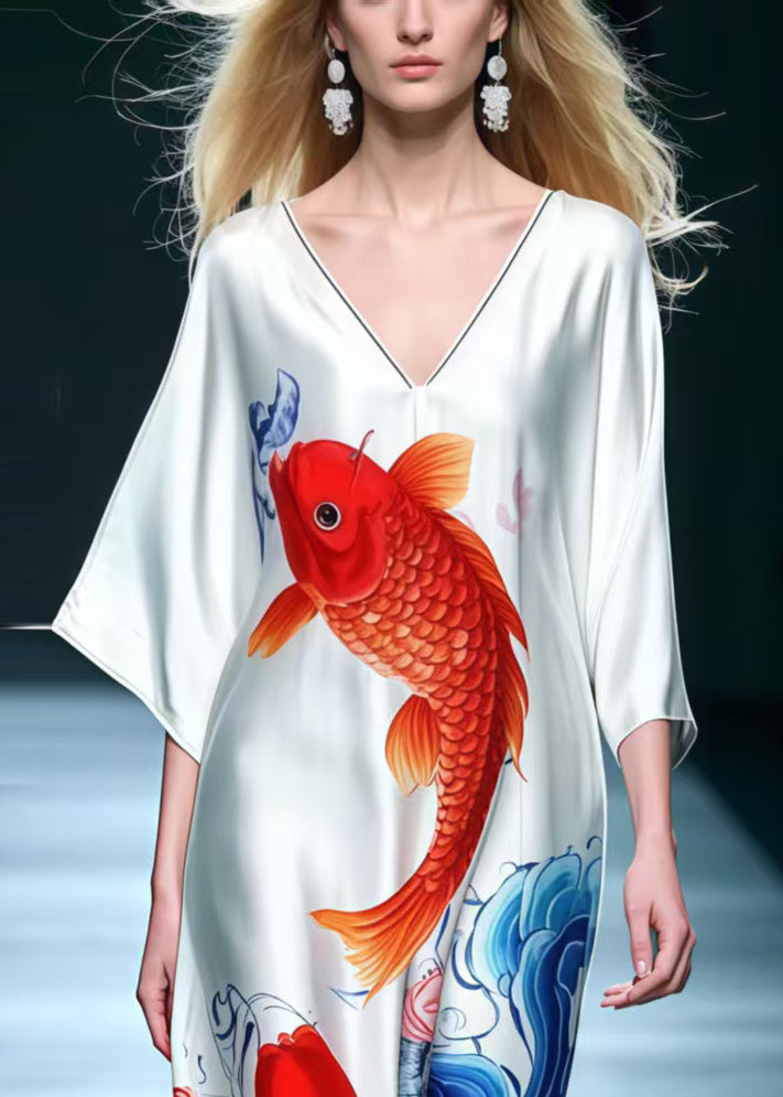 Fine Koi Fish Print Ice Silk Long Dress Summer