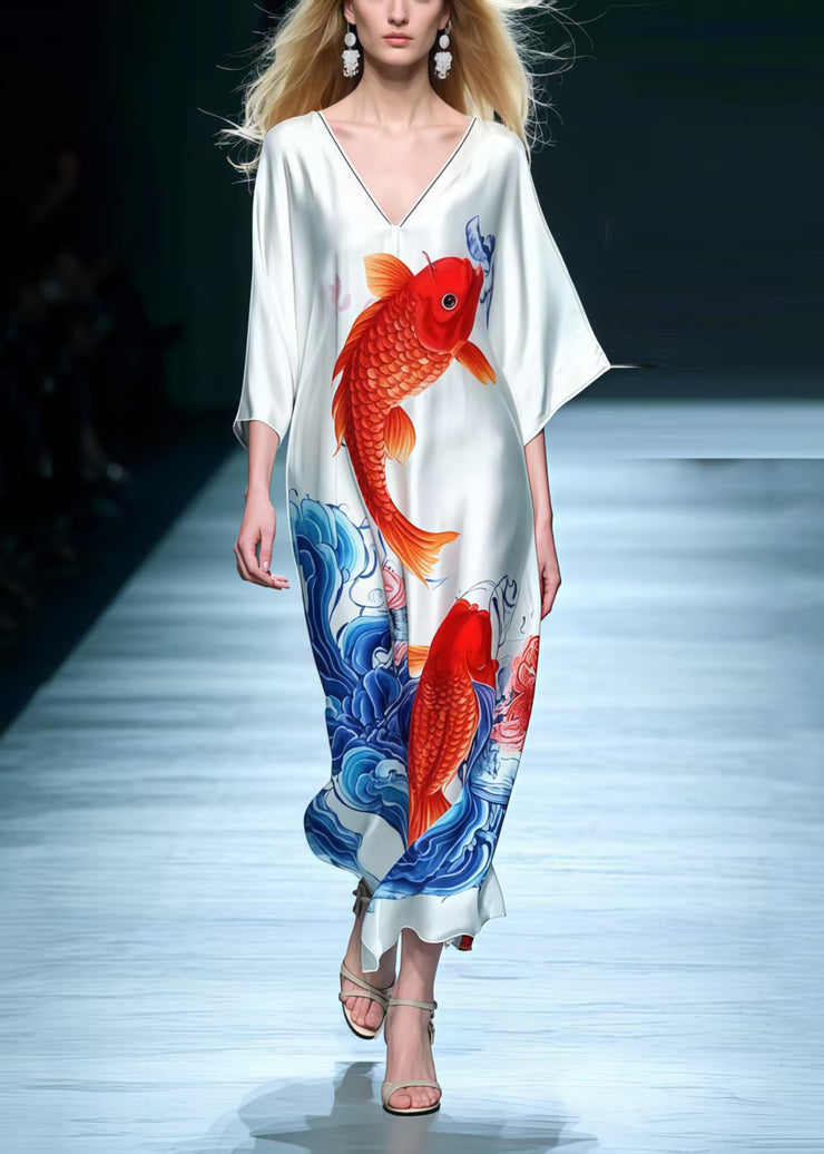 Fine Koi Fish Print Ice Silk Long Dress Summer