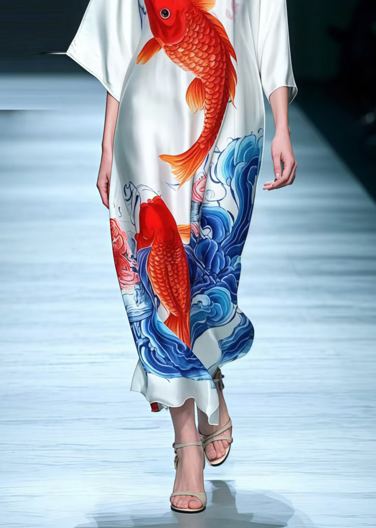 Fine Koi Fish Print Ice Silk Long Dress Summer