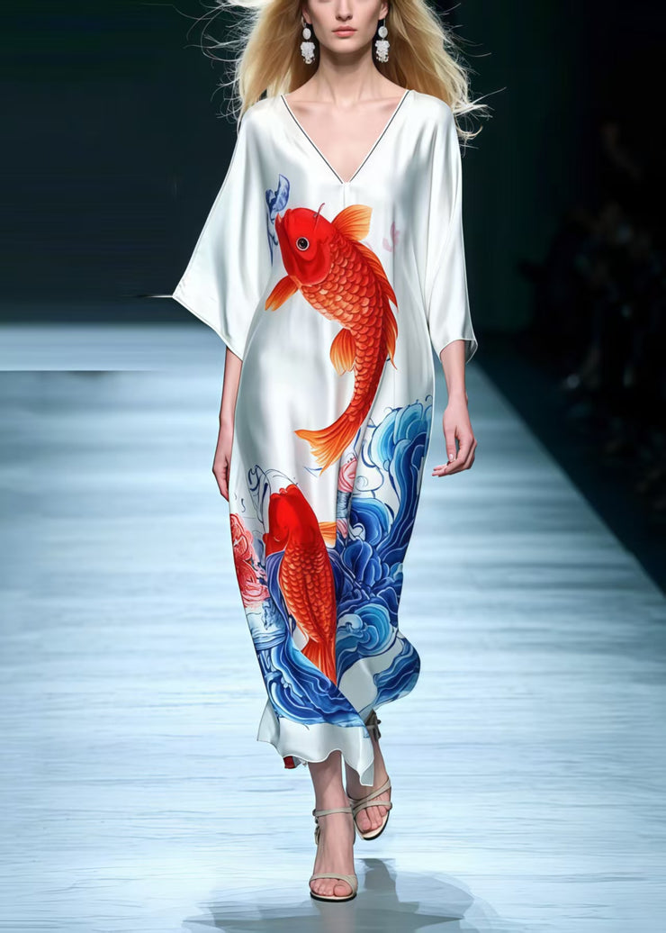 Fine Koi Fish Print Ice Silk Long Dress Summer