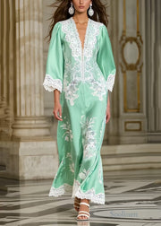 Fine Lake Green Print Lace Patchwork Silk Party Dress Spring