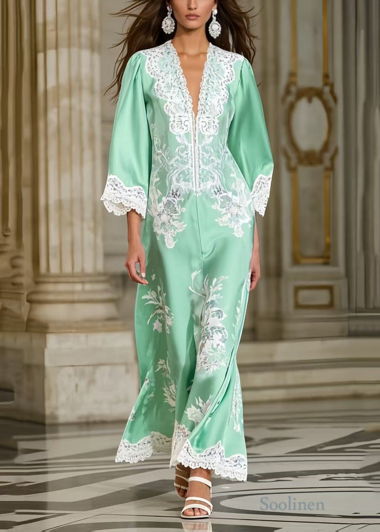 Fine Lake Green Print Lace Patchwork Silk Party Dress Spring