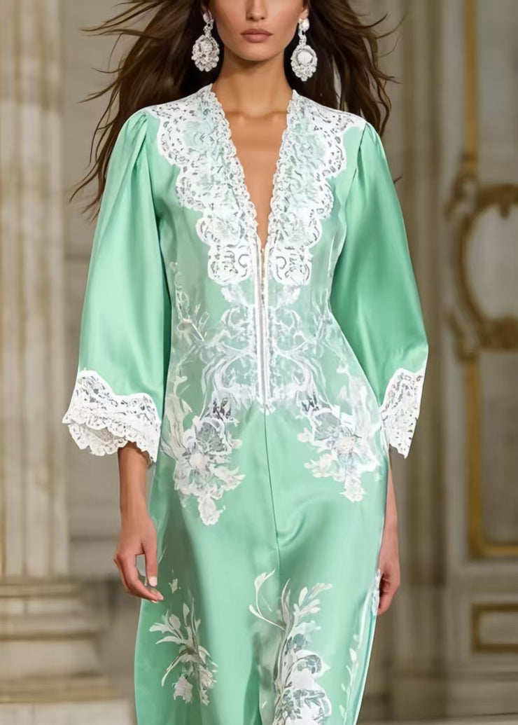 Fine Lake Green Print Lace Patchwork Silk Party Dress Spring