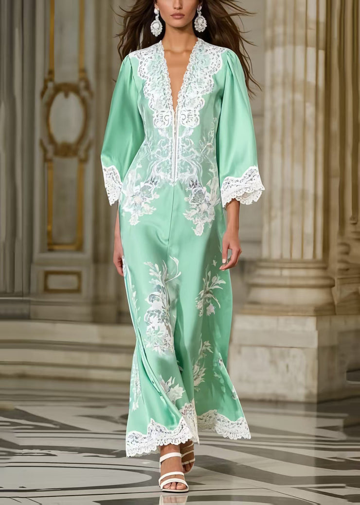 Fine Lake Green Print Lace Patchwork Silk Party Dress Spring