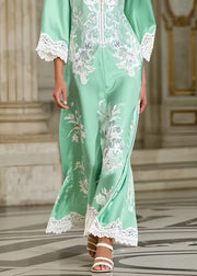 Fine Lake Green Print Lace Patchwork Silk Party Dress Spring