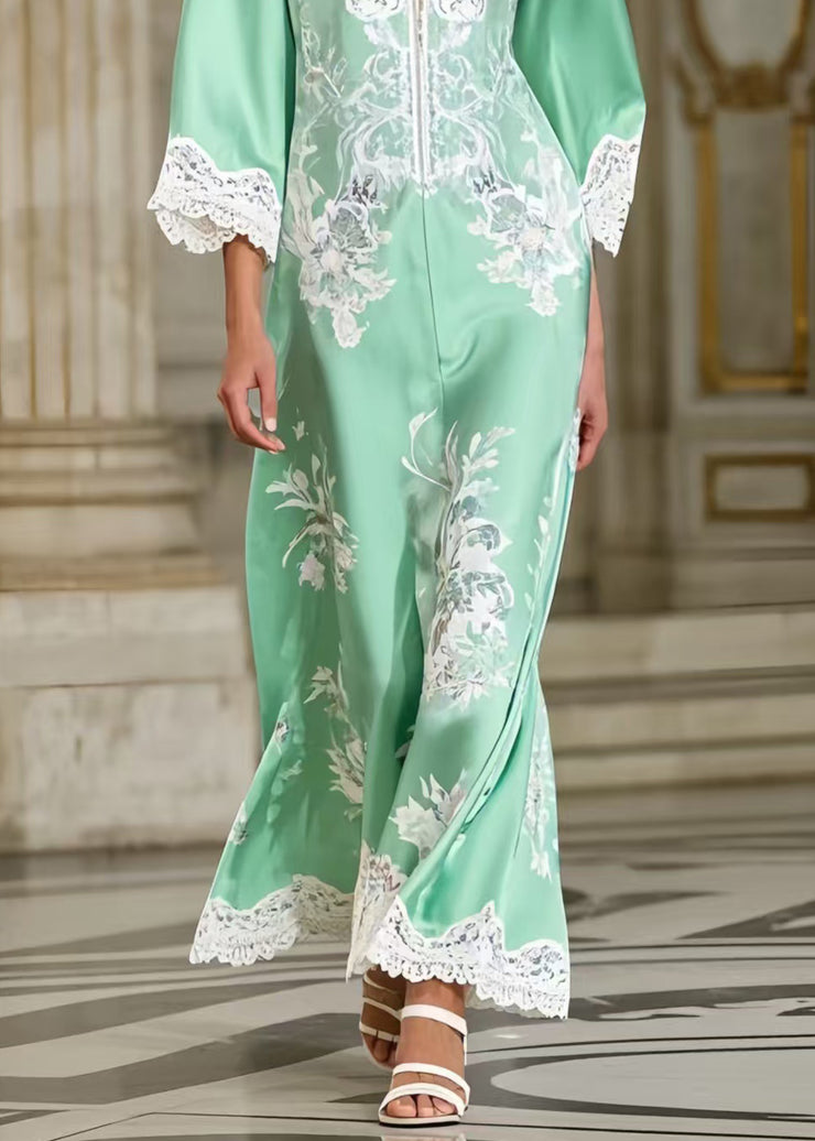 Fine Lake Green Print Lace Patchwork Silk Party Dress Spring