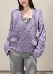 Fine Lavender V Neck Striped Knit Sweater Fall