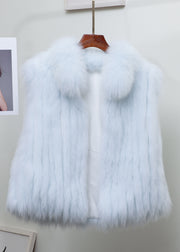 Fine Light Blue Stand Collar Solid Leather And Fur Waistcoat Sleeveless