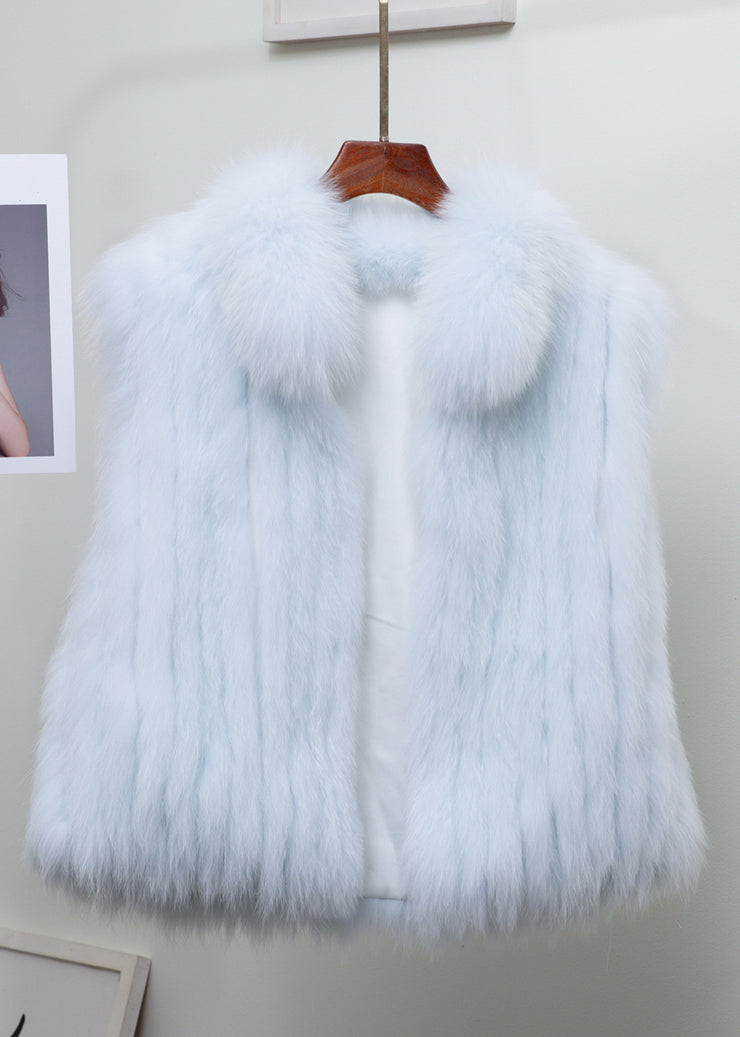 Fine Light Blue Stand Collar Solid Leather And Fur Waistcoat Sleeveless