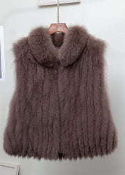 Fine Light Blue Stand Collar Solid Leather And Fur Waistcoat Sleeveless