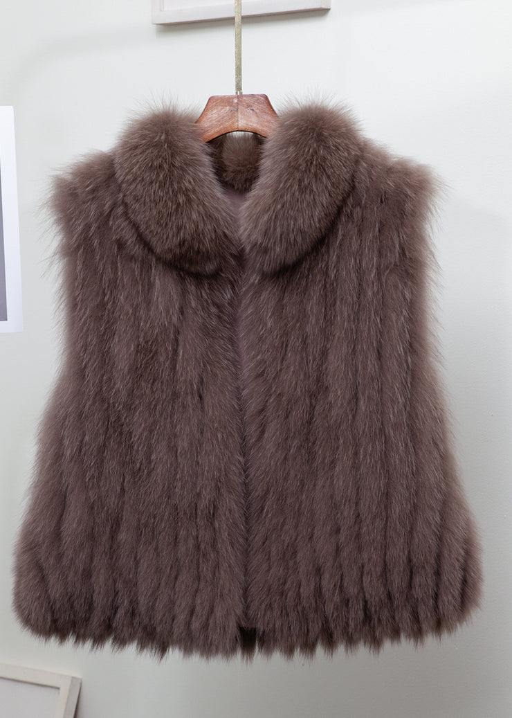 Fine Light Blue Stand Collar Solid Leather And Fur Waistcoat Sleeveless