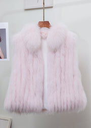 Fine Light Blue Stand Collar Solid Leather And Fur Waistcoat Sleeveless