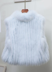 Fine Light Blue Stand Collar Solid Leather And Fur Waistcoat Sleeveless