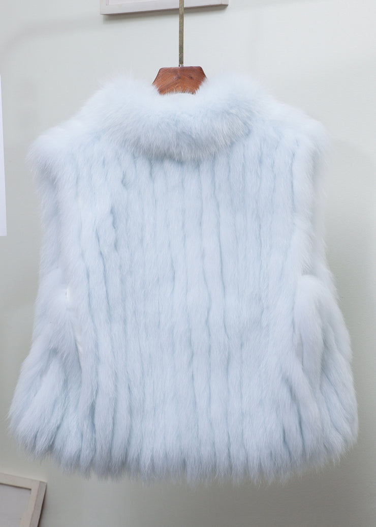 Fine Light Blue Stand Collar Solid Leather And Fur Waistcoat Sleeveless