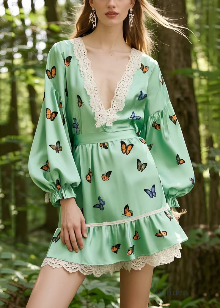 Fine Light Green Butterfly Patchwork Lace Silk Tea Dress Spring
