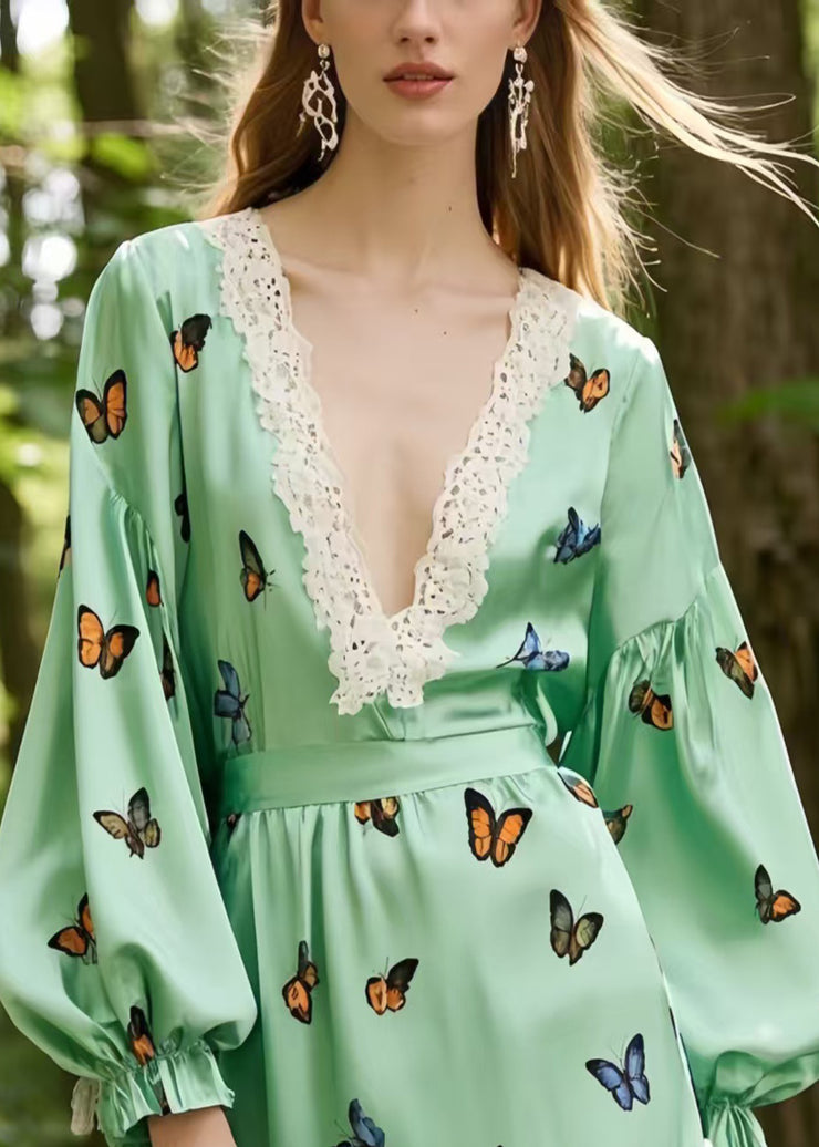 Fine Light Green Butterfly Patchwork Lace Silk Tea Dress Spring