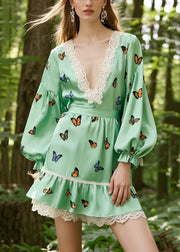 Fine Light Green Butterfly Patchwork Lace Silk Tea Dress Spring