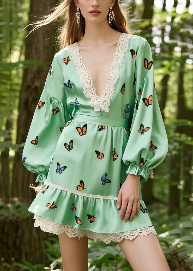 Fine Light Green Butterfly Patchwork Lace Silk Tea Dress Spring