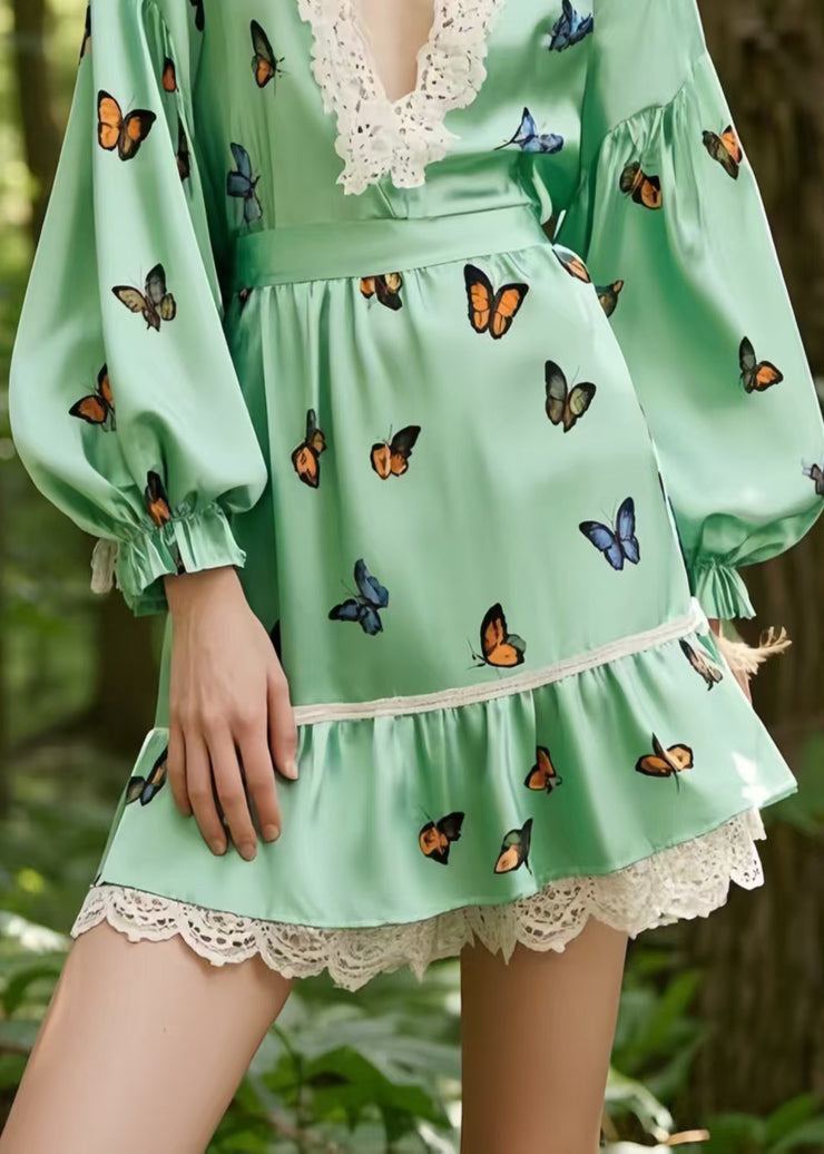Fine Light Green Butterfly Patchwork Lace Silk Tea Dress Spring