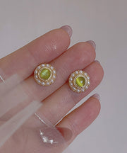 Fine Light Green Copper Alloy Zircon Pearl Stud Earrings