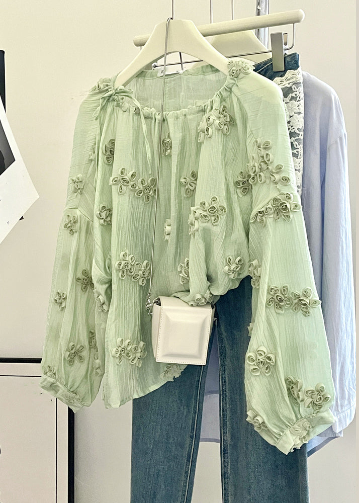 Fine Light Green O-Neck Floral Solid Top Fall