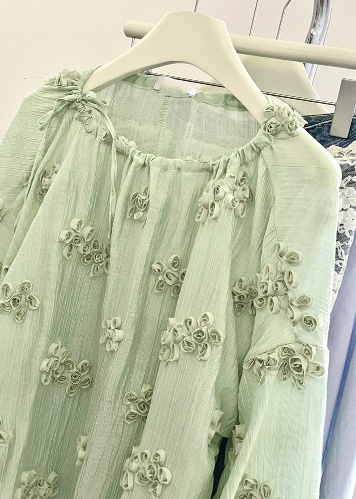 Fine Light Green O-Neck Floral Solid Top Fall