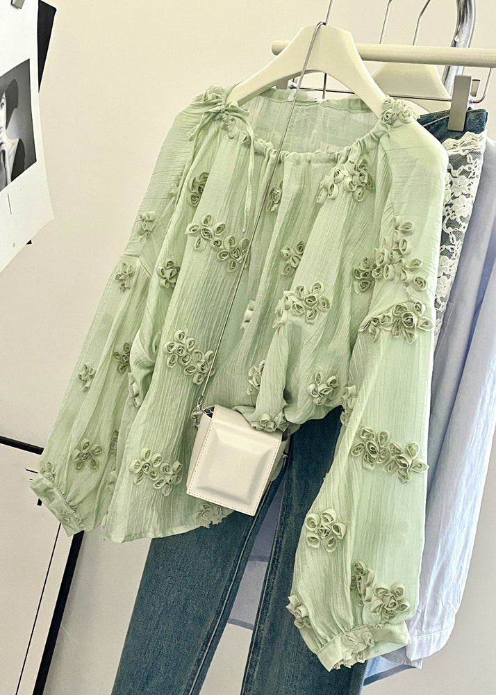Fine Light Green O-Neck Floral Solid Top Fall